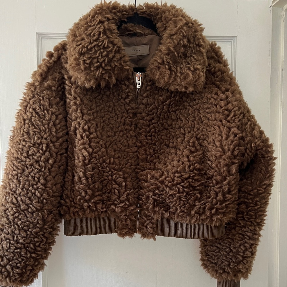 BLANKNYC Teddy Sherpa Cropped Jacket Brown Faux Fur Bomber Size M